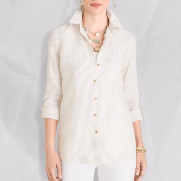 Chico's Linen Shirt Moisture Wicking Button Front Closure Tan/White 14 (2.5) NWT - Picture 1 of 5